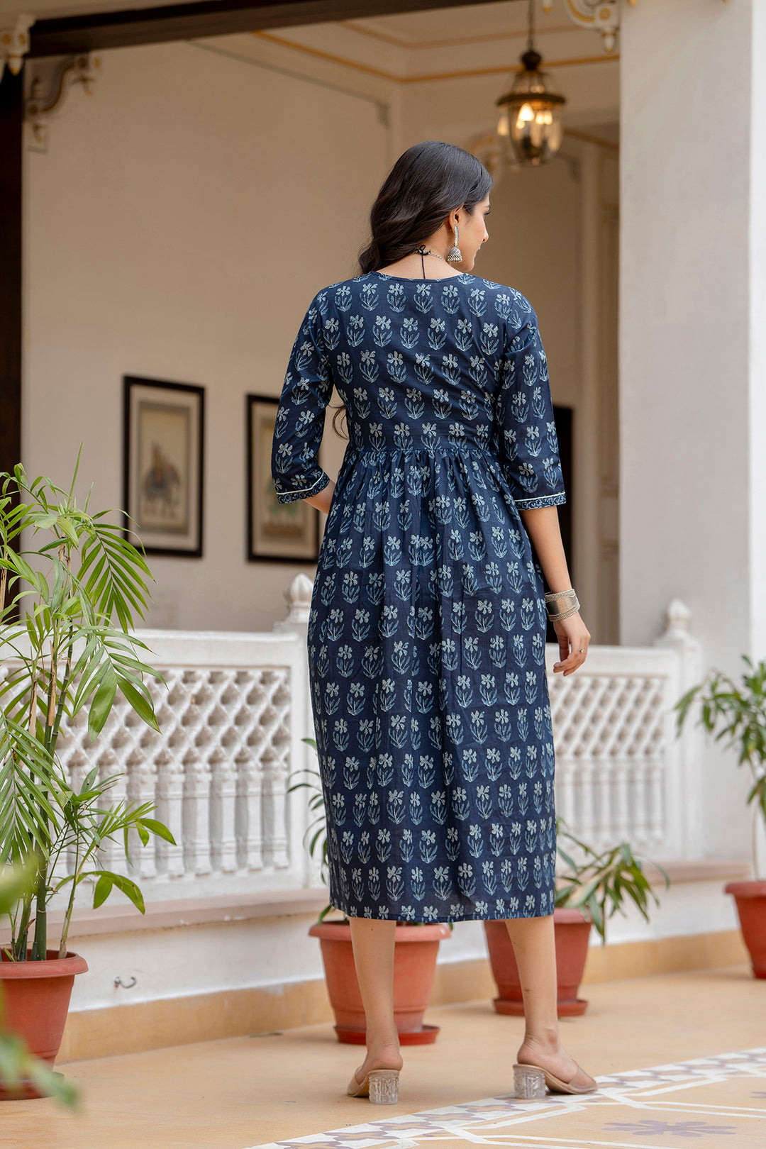 Women's Navy Blue Ethnic Printed Flared Dress - Taantav