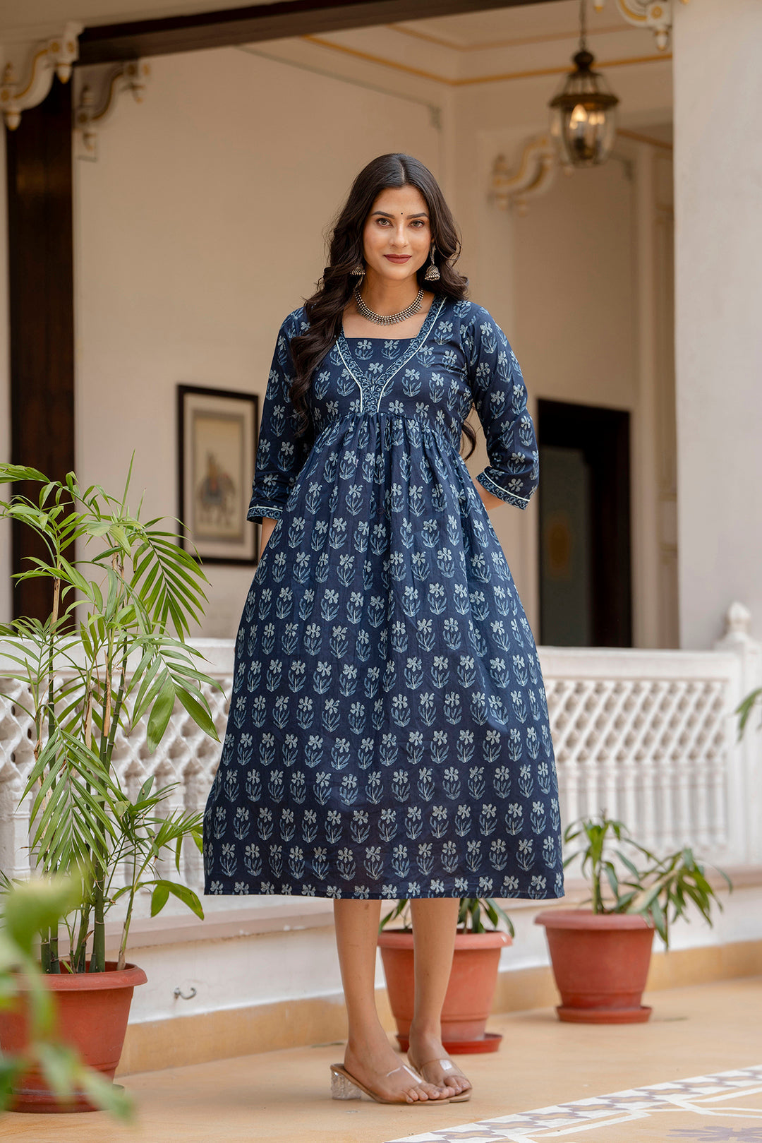 Women's Navy Blue Ethnic Printed Flared Dress - Taantav