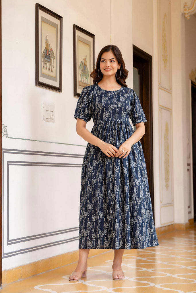 Women's Navy Blue Printed Flared Dress