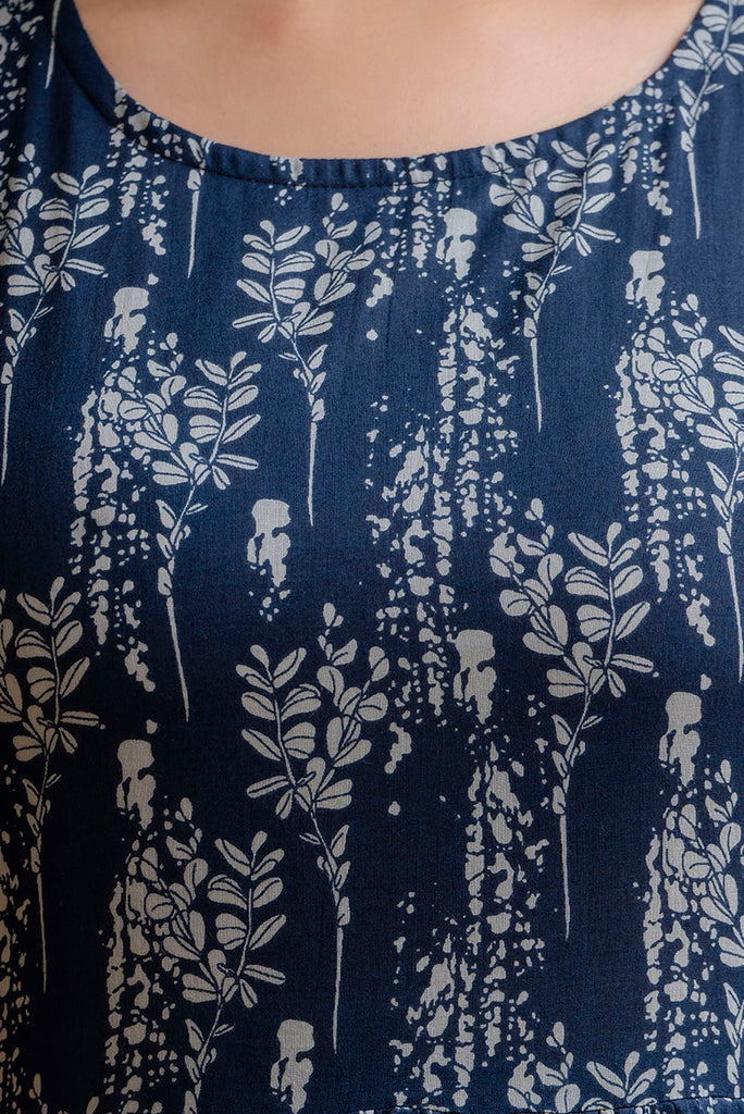 Women's Navy Blue Printed Flared Dress