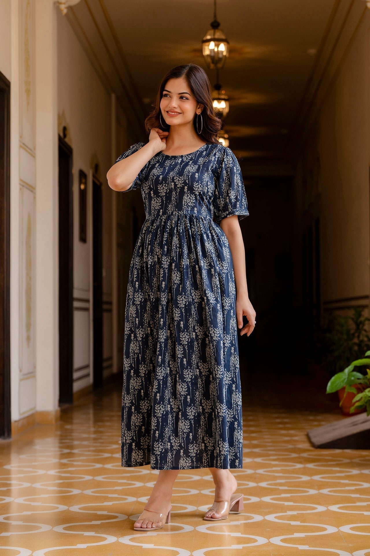 Women's Navy Blue Printed Flared Dress - Taantav