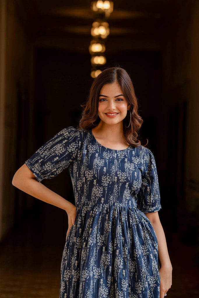 Women's Navy Blue Printed Flared Dress