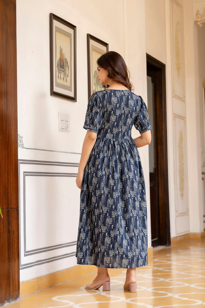 Women's Navy Blue Printed Flared Dress