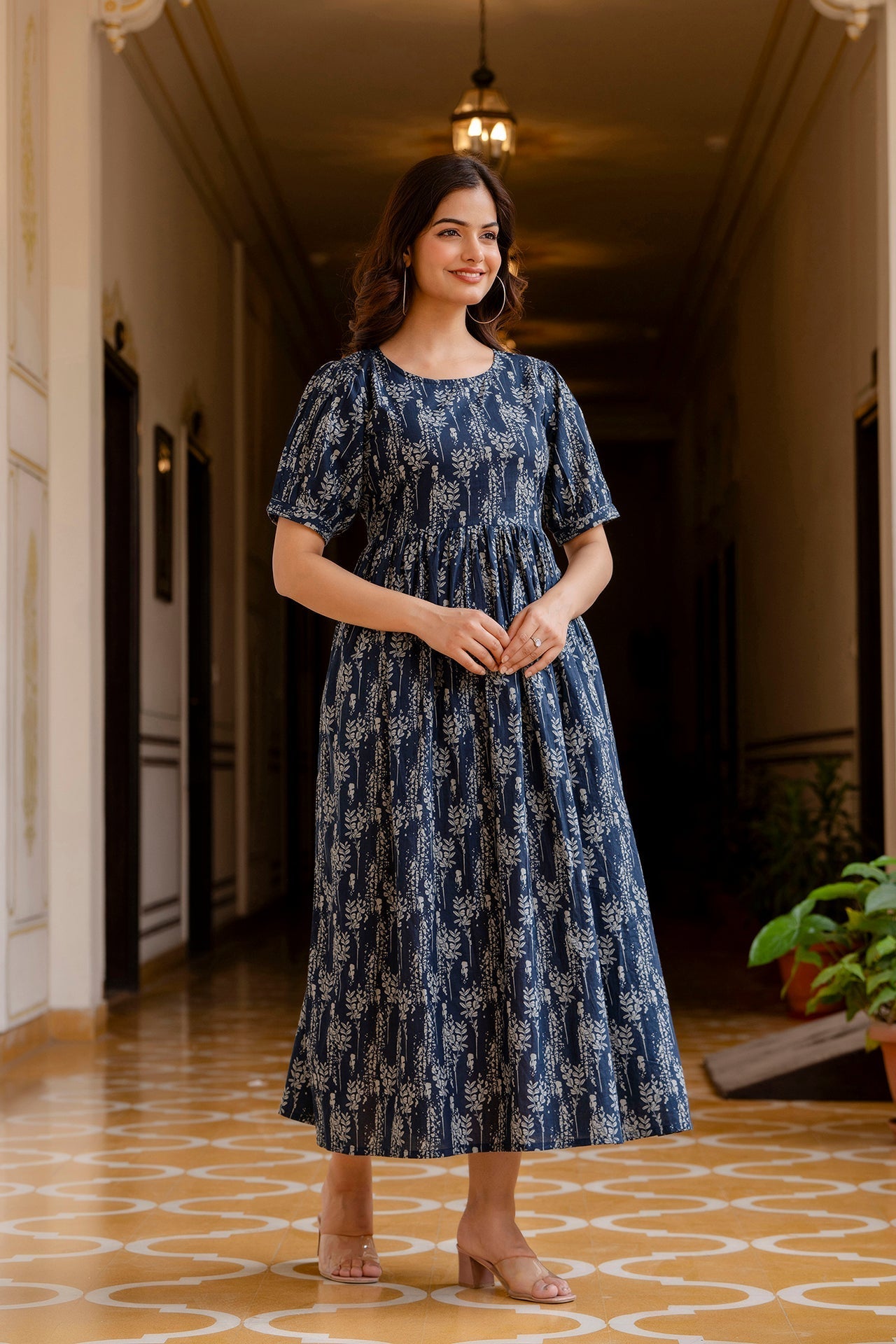 Women's Navy Blue Printed Flared Dress - Taantav