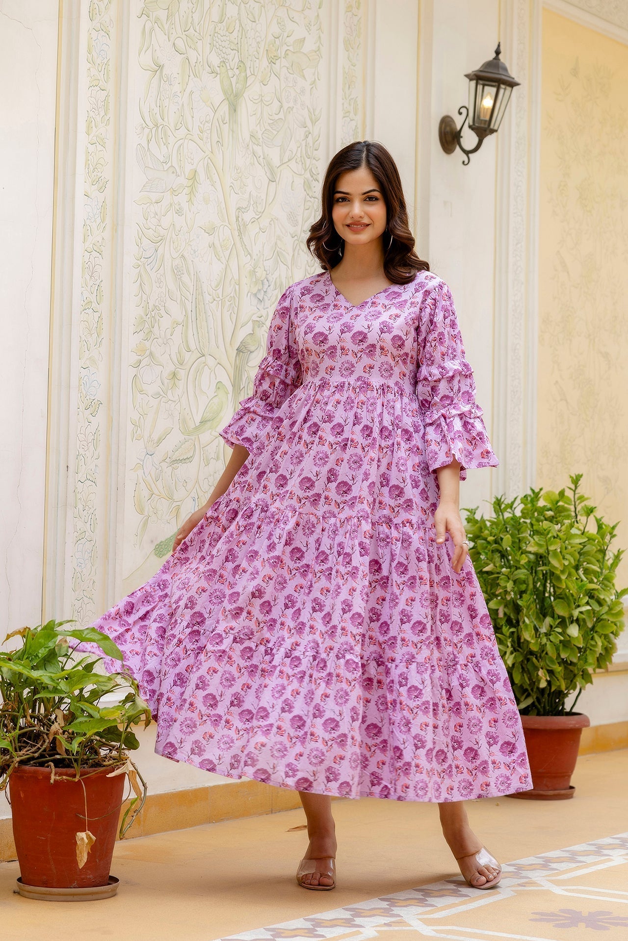 Women's Pink Printed Flared Dress - Taantav