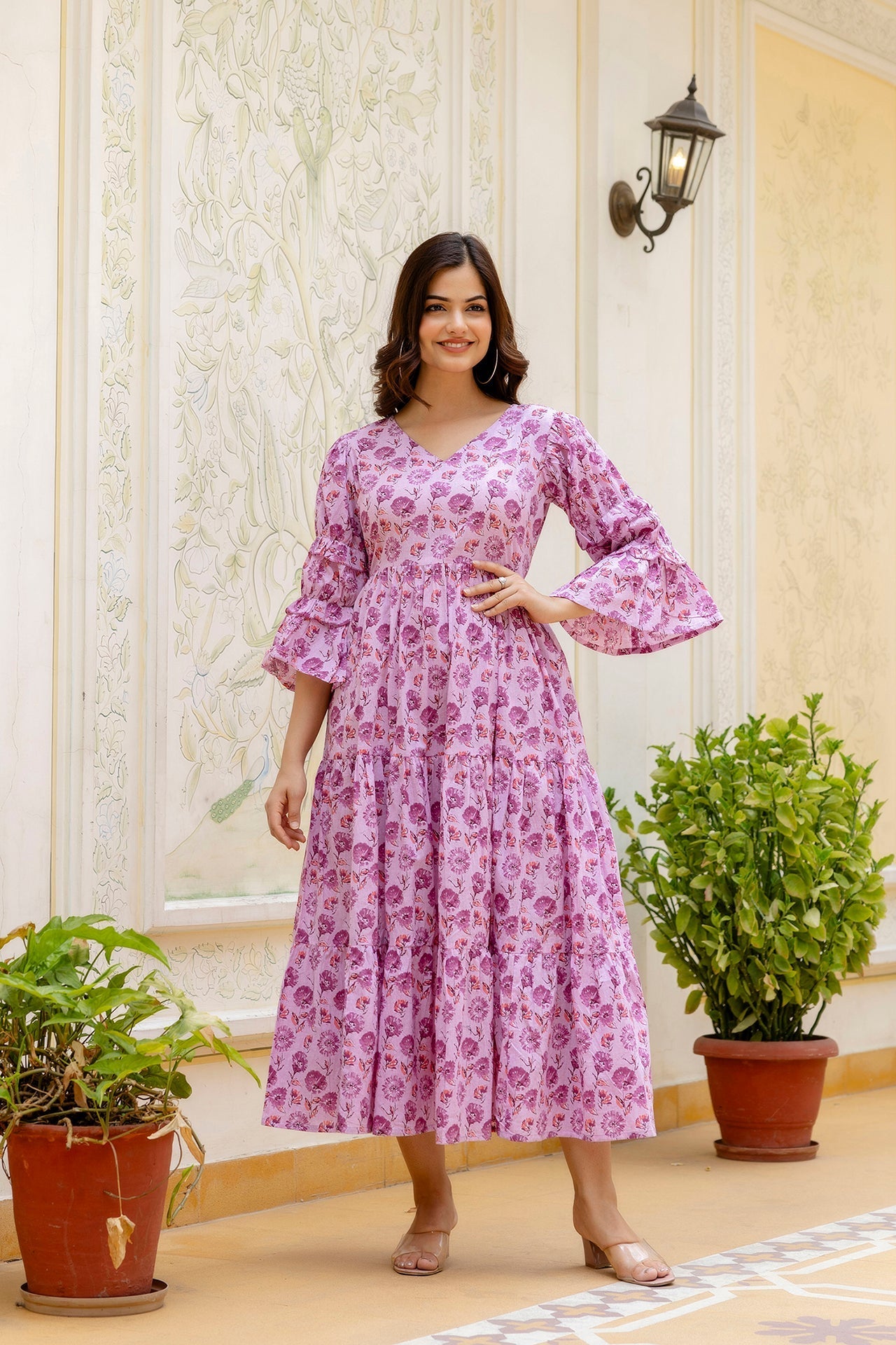 Women's Pink Printed Flared Dress - Taantav