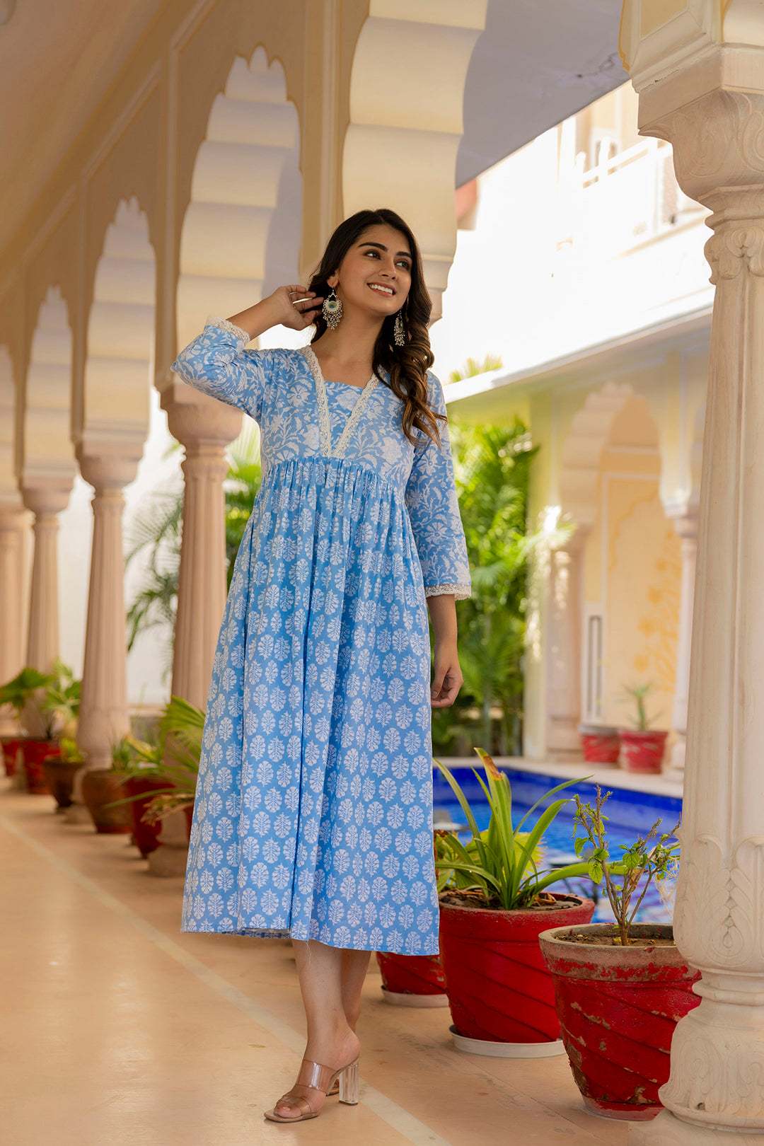 Women's Blue Ethnic Printed Flared Dress - Taantav