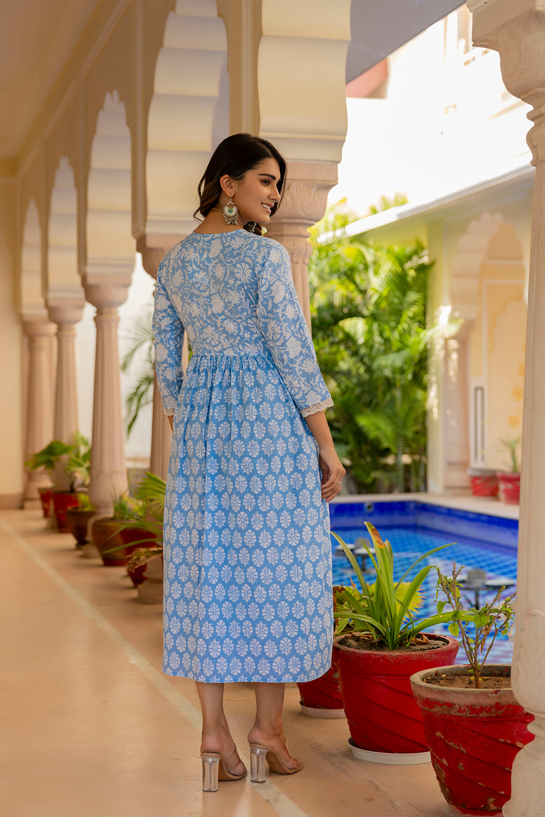 Women's Blue Ethnic Printed Flared Dress - Taantav