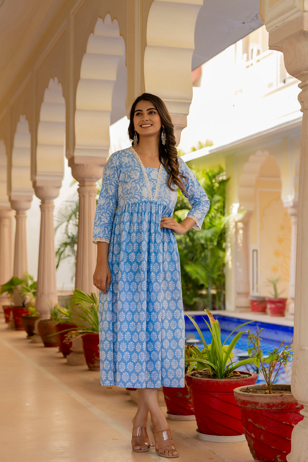 Women's Blue Ethnic Printed Flared Dress - Taantav