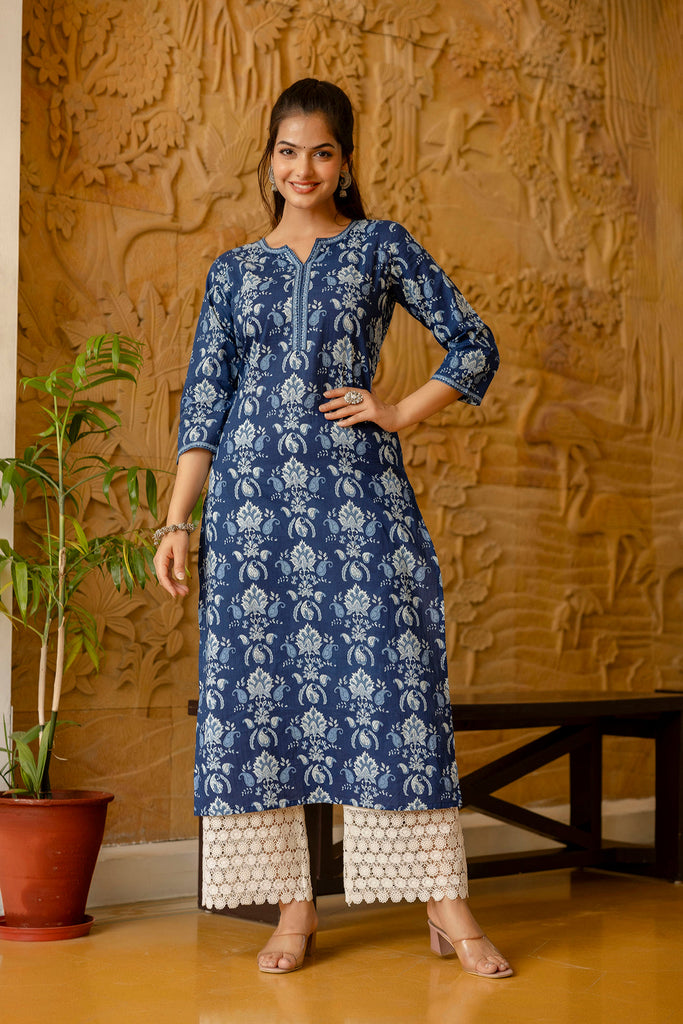 Women's Blue Printed Straight Kurta with Three Quarter Sleeves