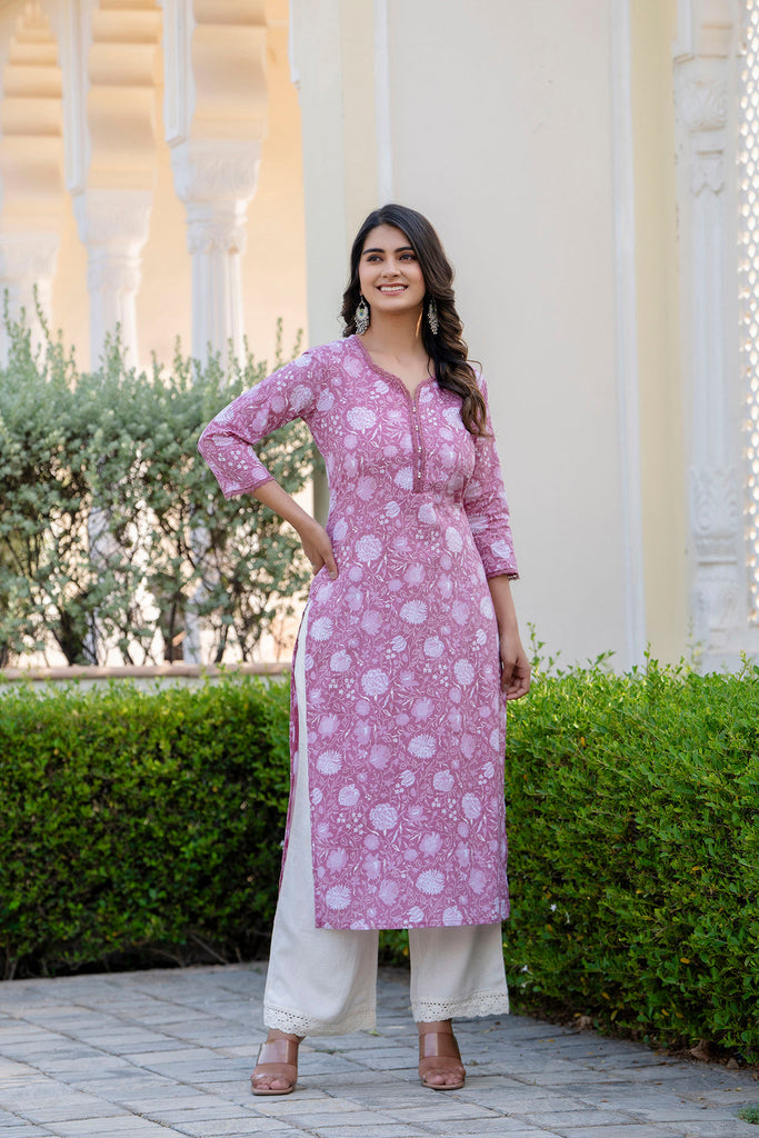 Women's Mauve Ethnic Printed Straight Kurta with Three Quarter Sleeves