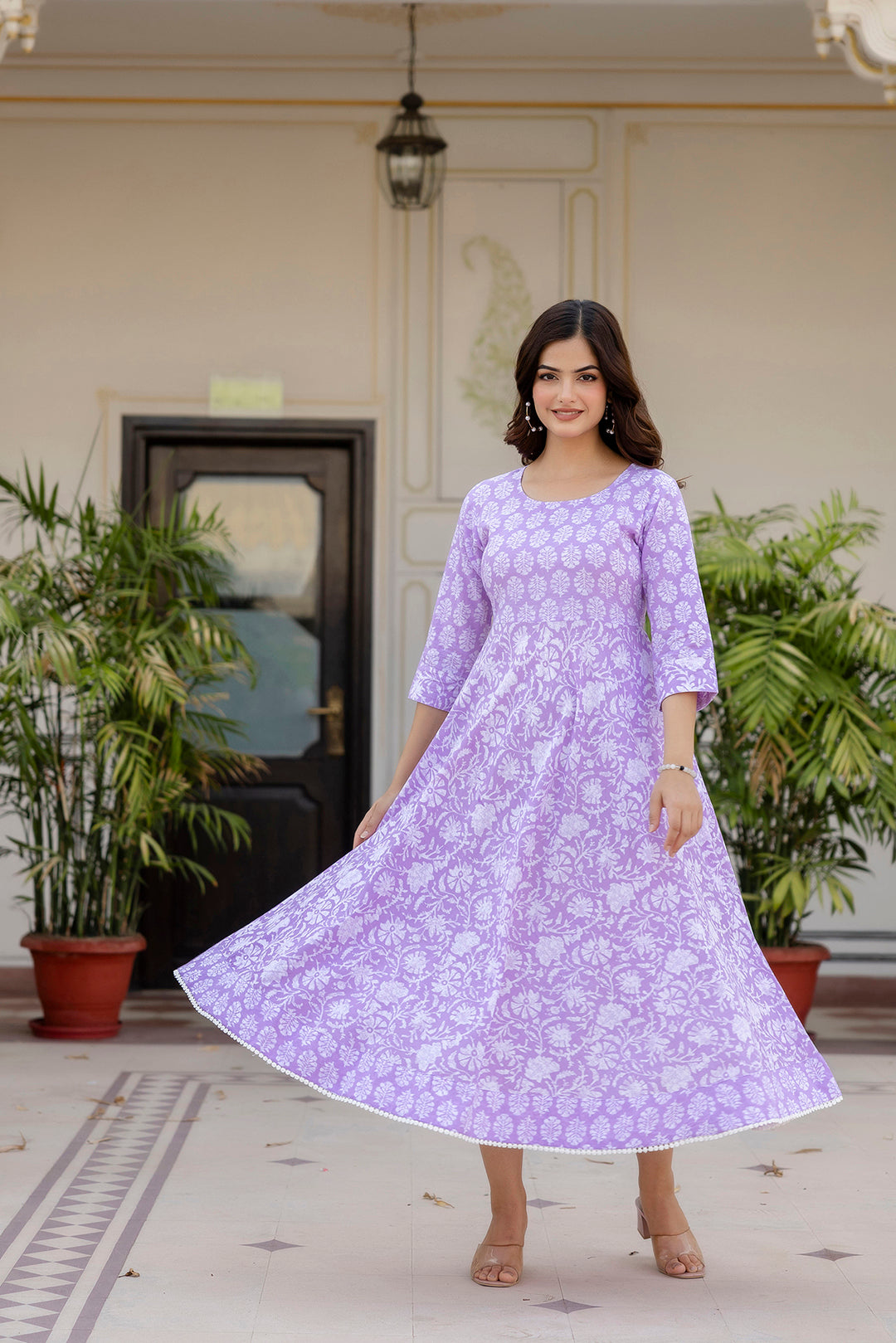 Women's Purple Ethnic Printed Flared Dress - Taantav