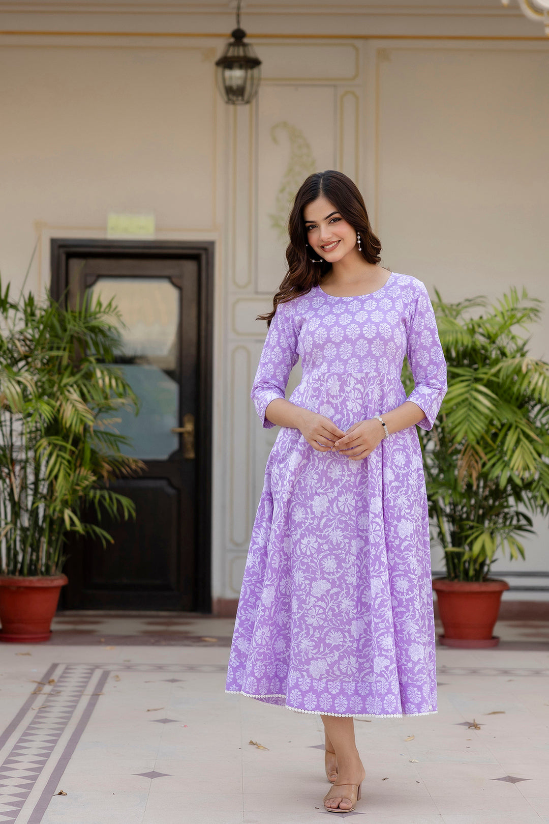 Women's Purple Ethnic Printed Flared Dress - Taantav