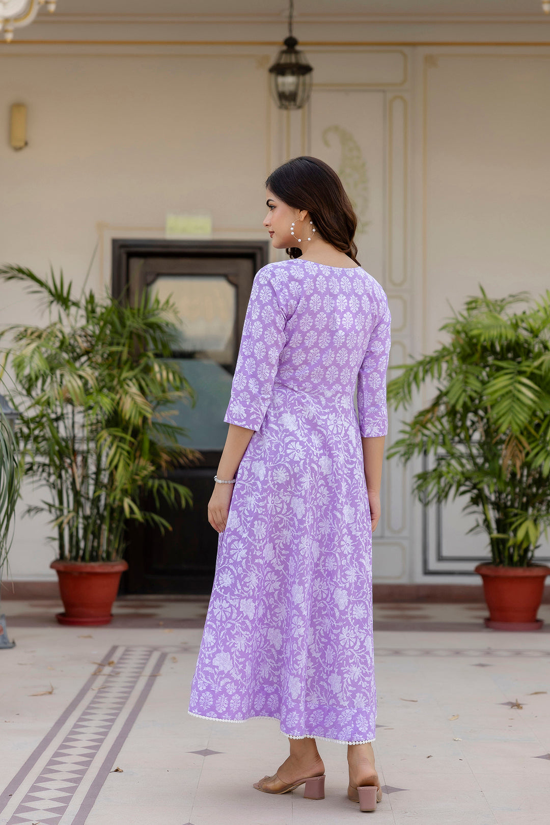 Women's Purple Ethnic Printed Flared Dress - Taantav