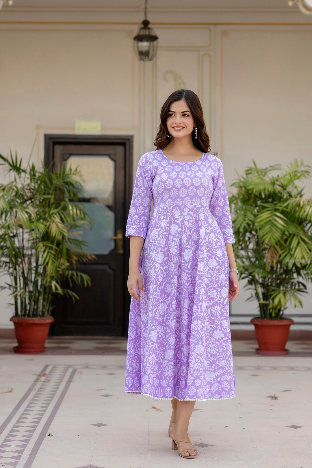 Women's Purple Ethnic Printed Flared Dress - Taantav