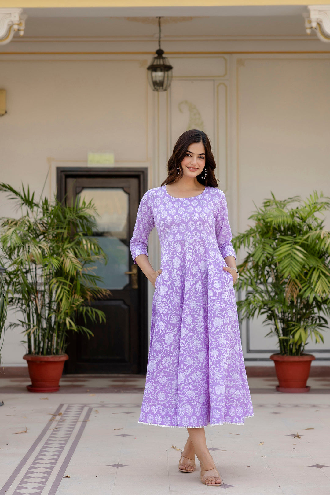 Women's Purple Ethnic Printed Flared Dress - Taantav