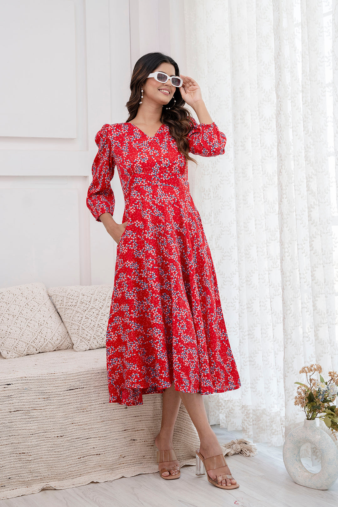 Women's Red Printed Flared Dress - Taantav