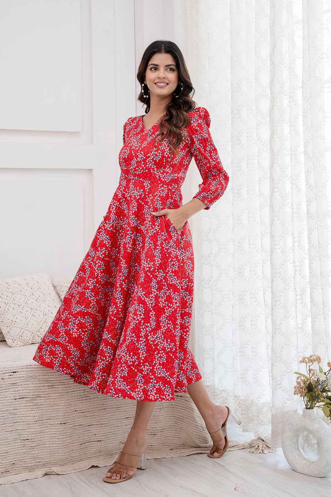 Women's Red Printed Flared Dress - Taantav