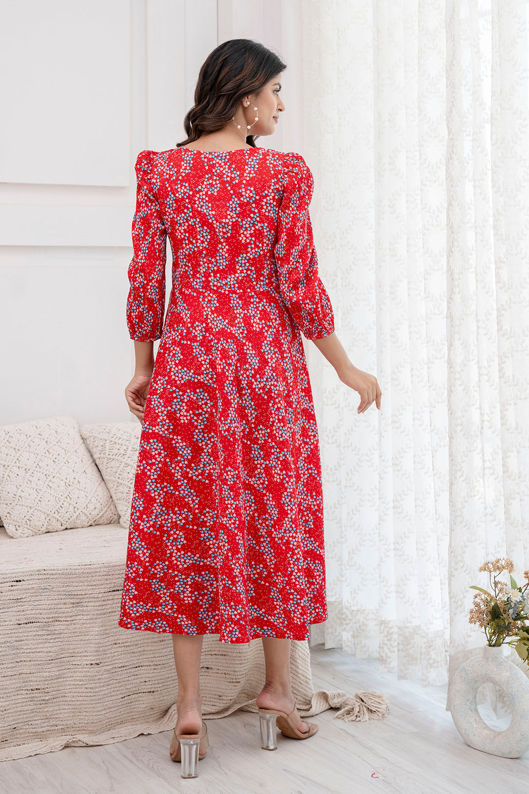 Women's Red Printed Flared Dress - Taantav