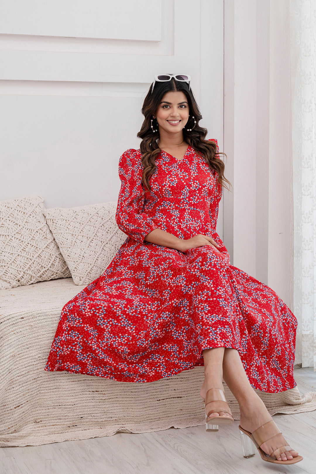 Women's Red Printed Flared Dress - Taantav