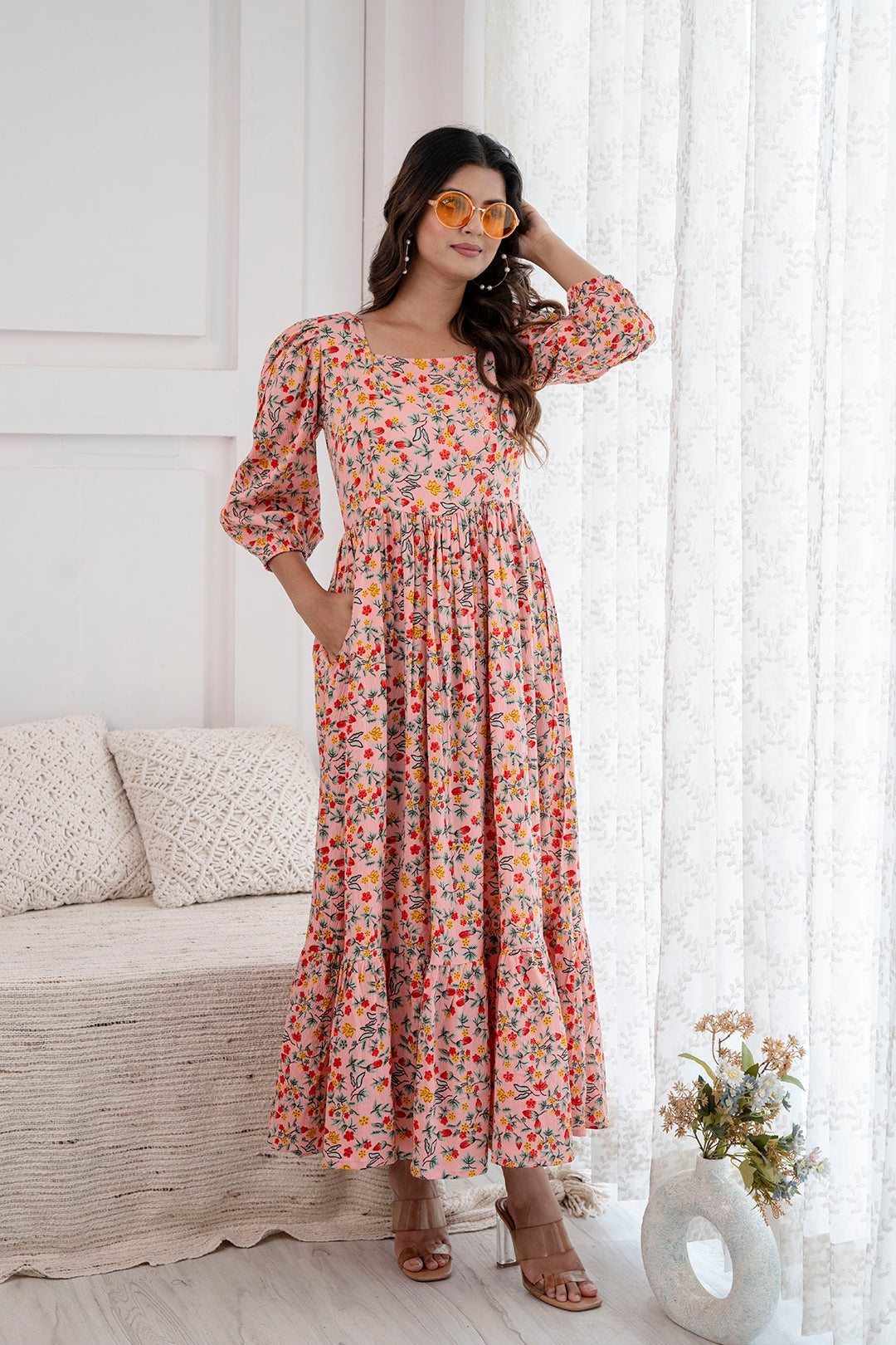 Women's Peach Printed Flared Dress - Taantav