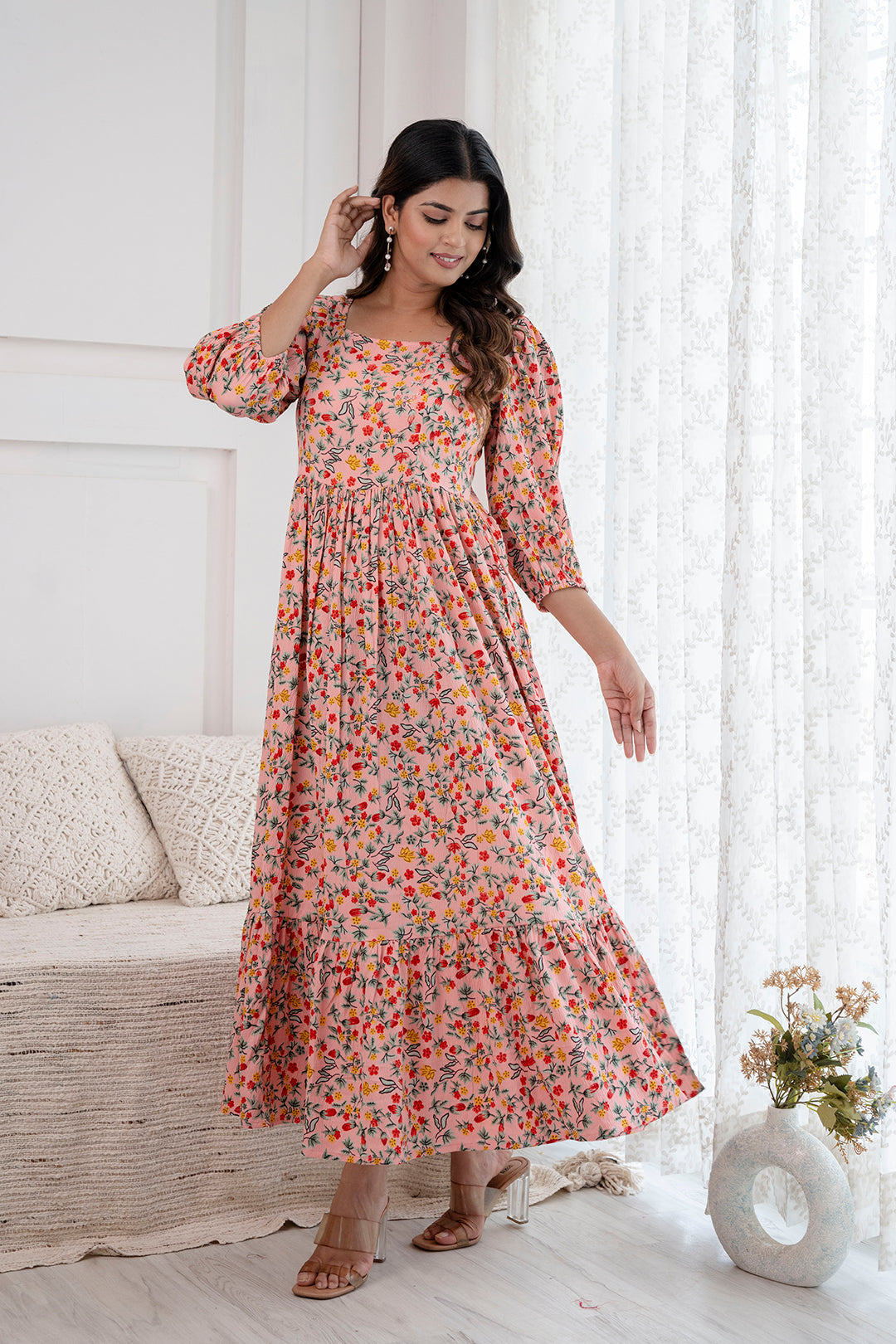 Women's Peach Printed Flared Dress - Taantav