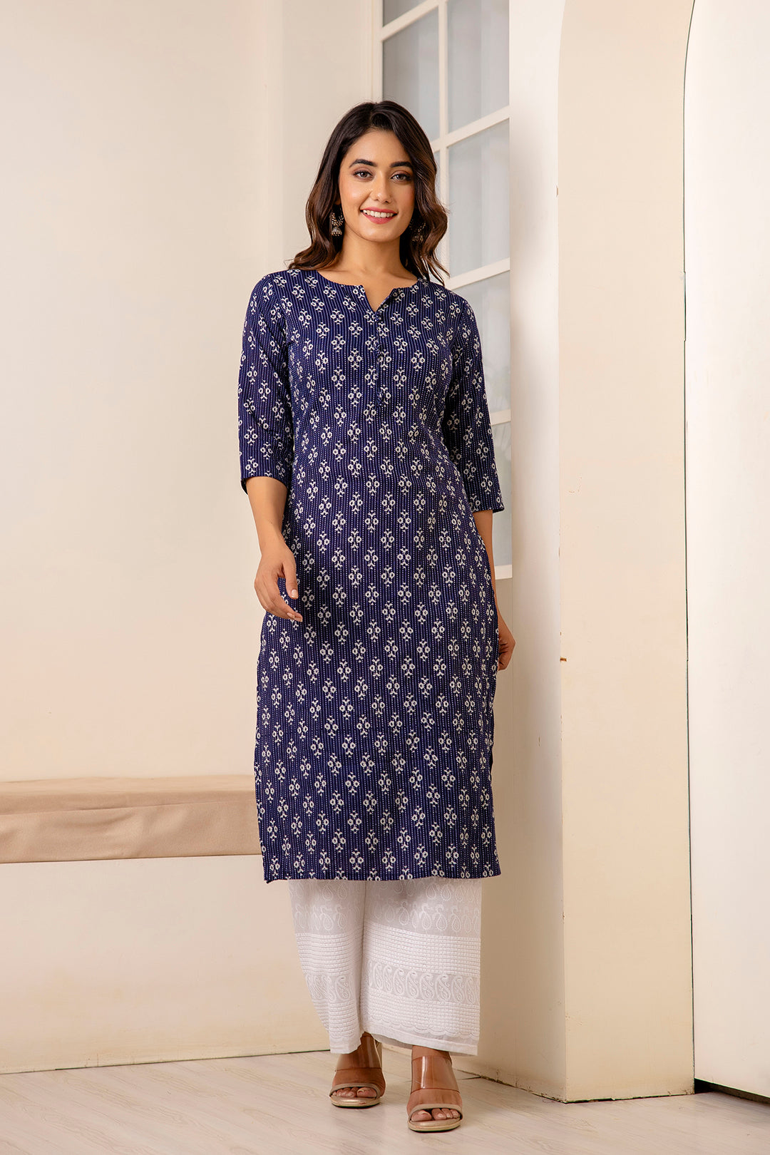 Women's Navy Blue Printed Straight Kurta with Three Quarter Sleeves - Taantav