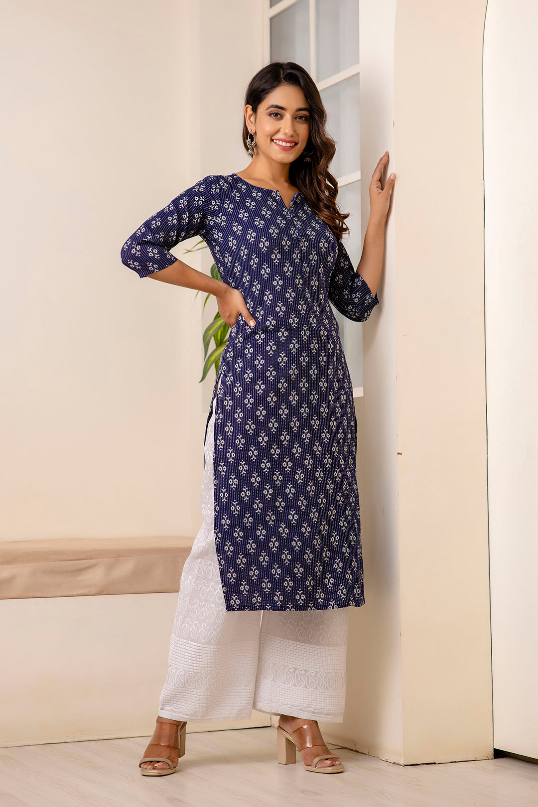 Women's Navy Blue Printed Straight Kurta with Three Quarter Sleeves - Taantav