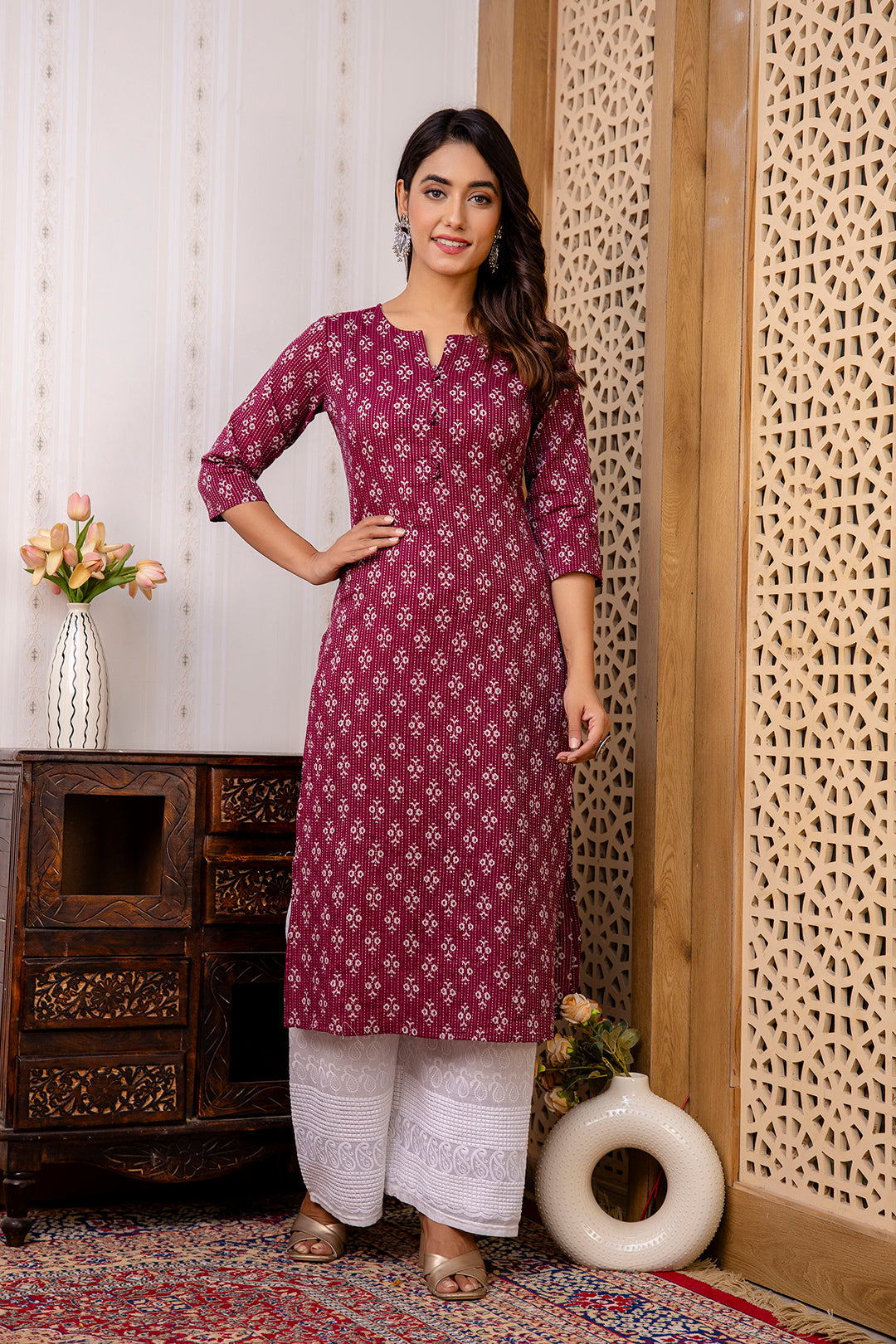 Women's Burgundy Printed Straight Kurta with Three Quarter Sleeves - Taantav