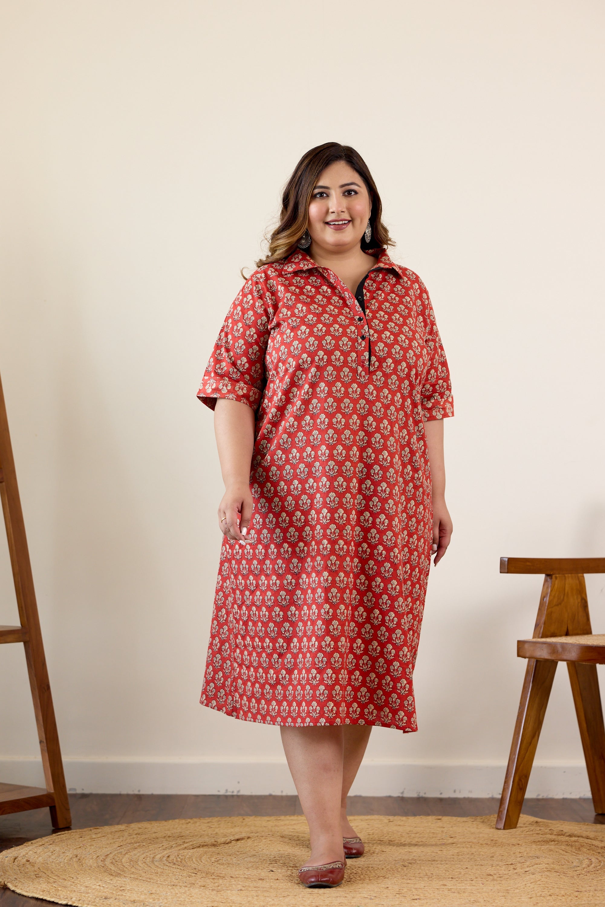 Women's Red Bagru Print Collared Button Down Dress - Nangalia Ruchira
