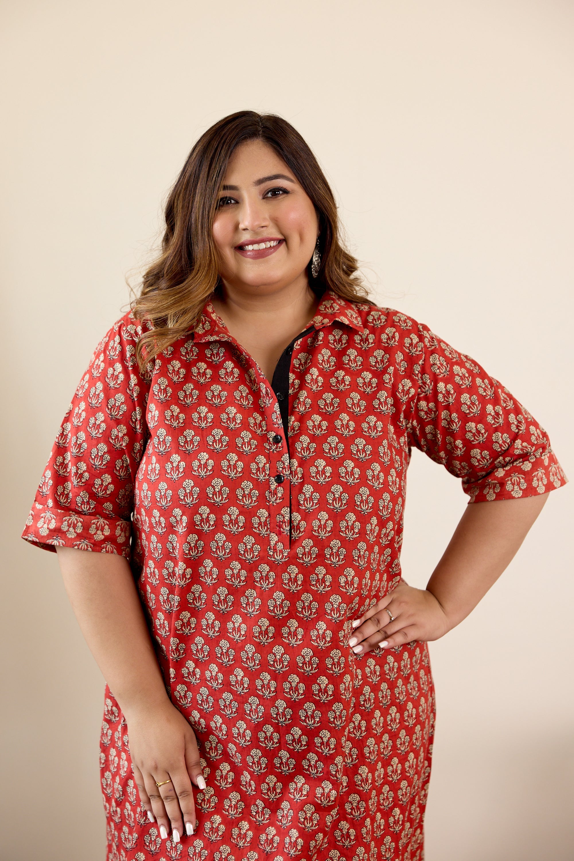 Women's Red Bagru Print Collared Button Down Dress - Nangalia Ruchira
