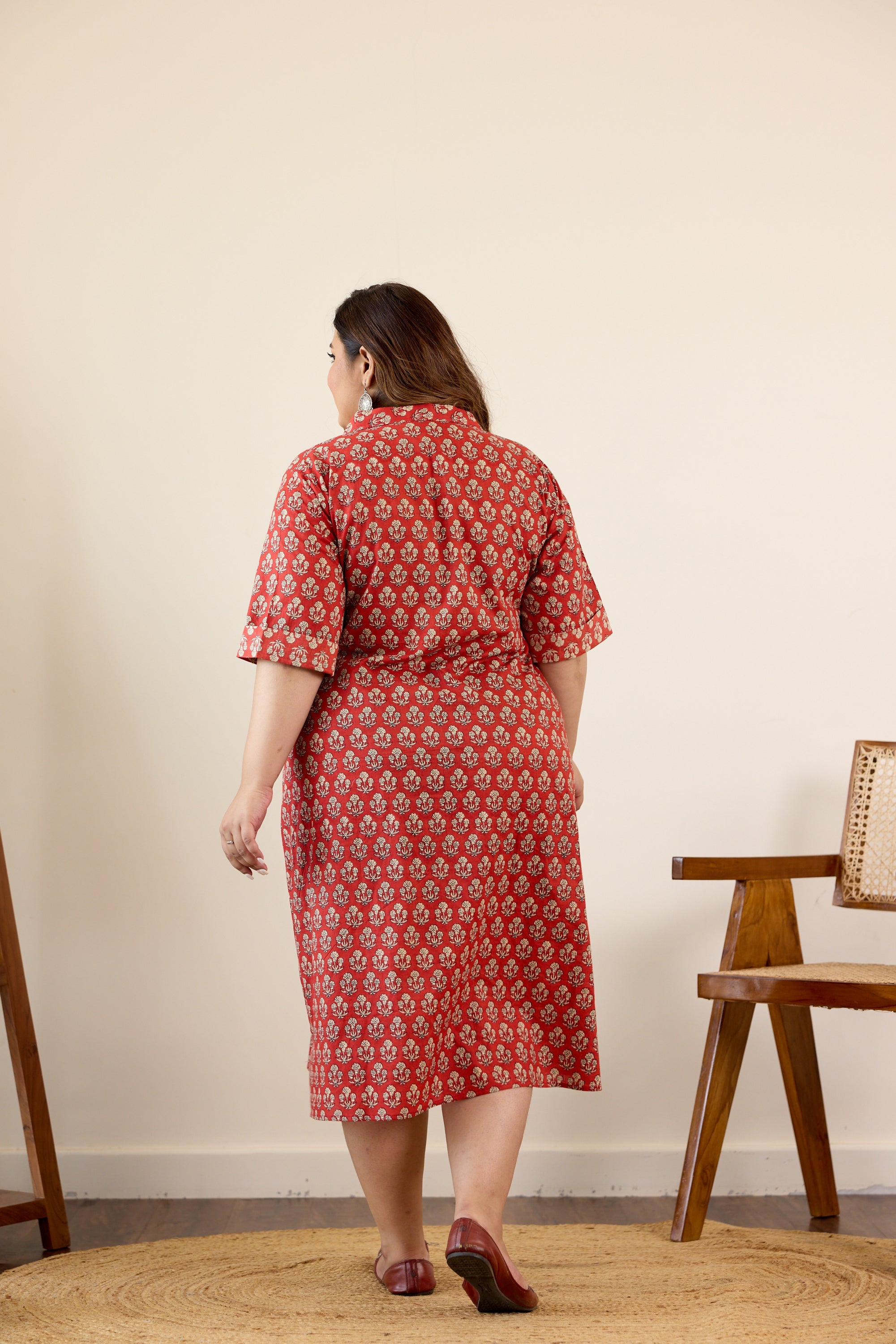Women's Red Bagru Print Collared Button Down Dress - Nangalia Ruchira