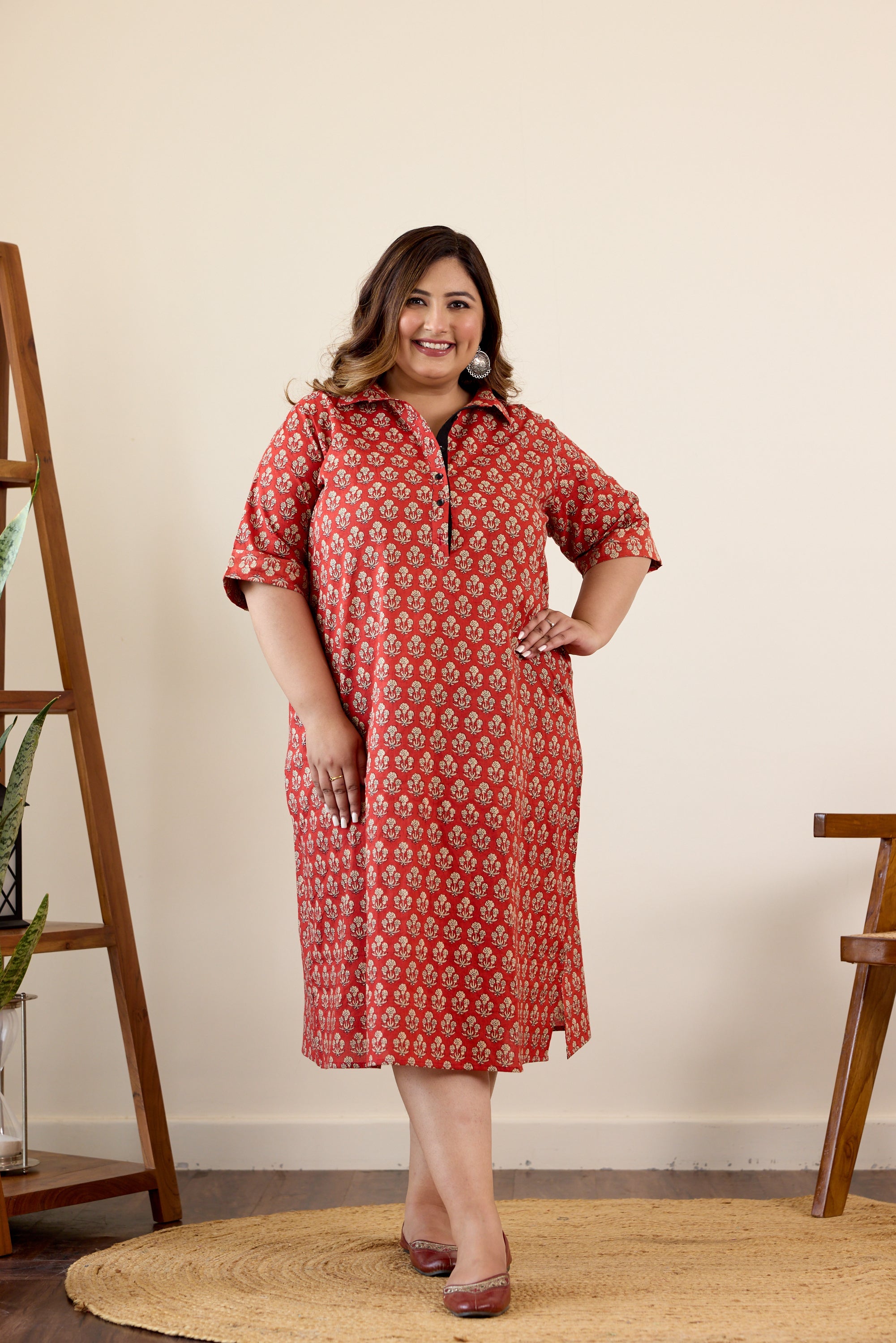 Women's Red Bagru Print Collared Button Down Dress - Nangalia Ruchira