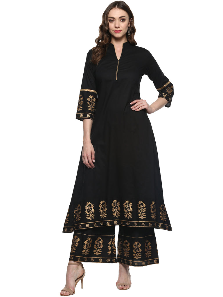 Women's Black And Gold-Toned Solid Kurta With Palazzos