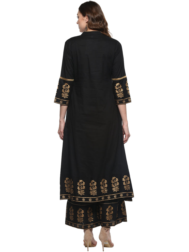 Women's Black And Gold-Toned Solid Kurta With Palazzos