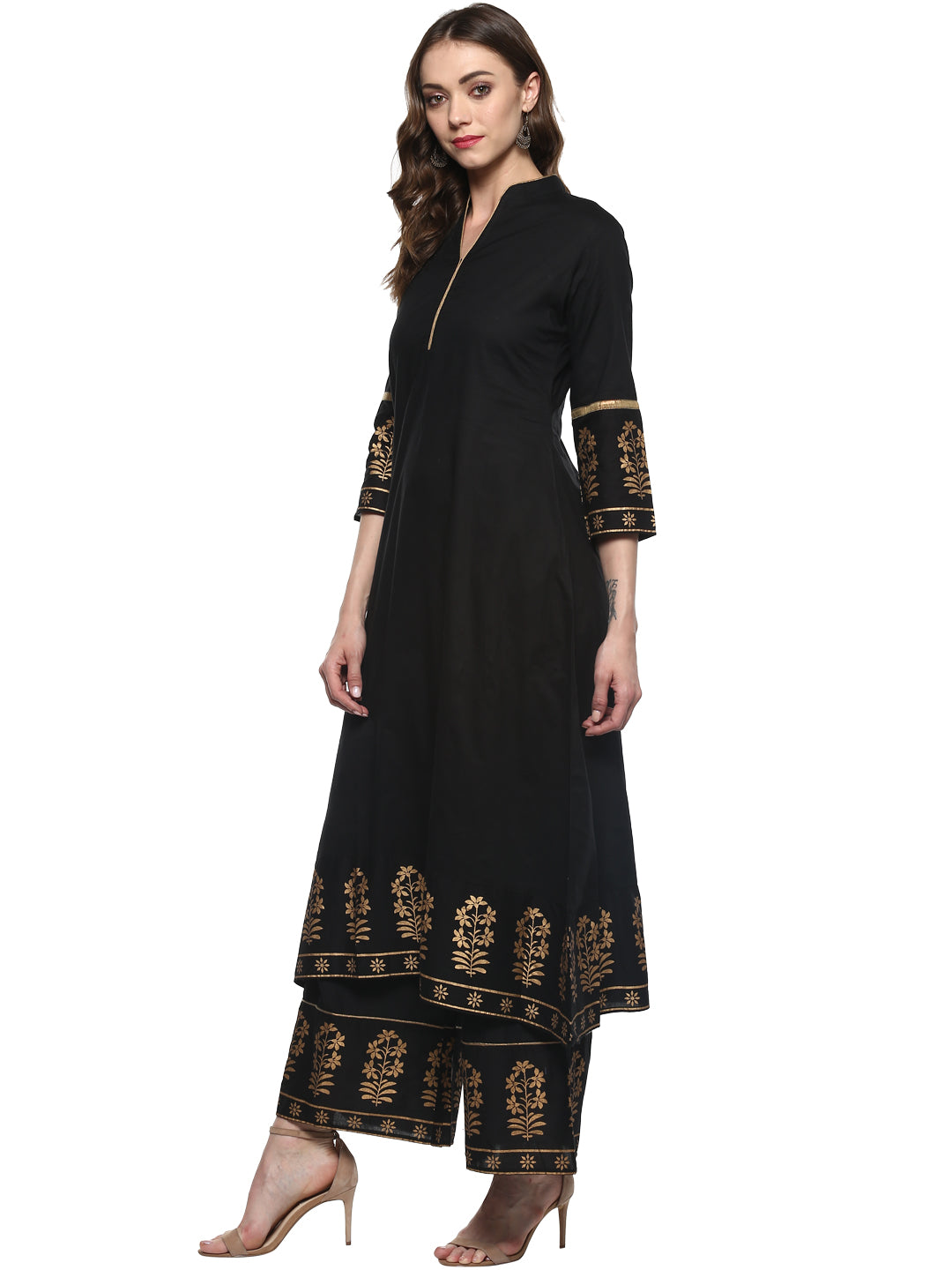 Women's Black And Gold-Toned Solid Kurta With Palazzos - Bhama Couture
