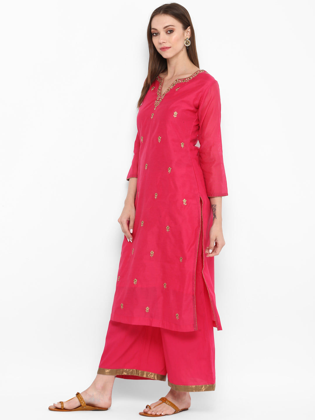 Women's Pink And Golden Embroidered Kurta With Palazzos - Bhama Couture