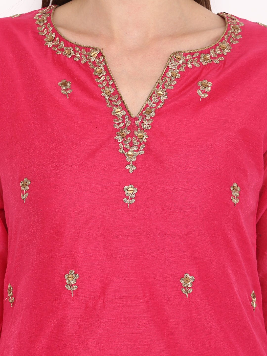 Women's Pink And Golden Embroidered Kurta With Palazzos - Bhama Couture
