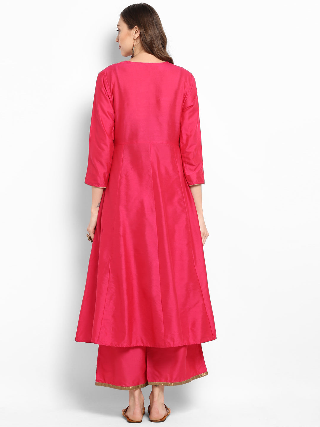 Women's Fuchsia Pink Yoke Design Kurta With Palazzos - Bhama Couture