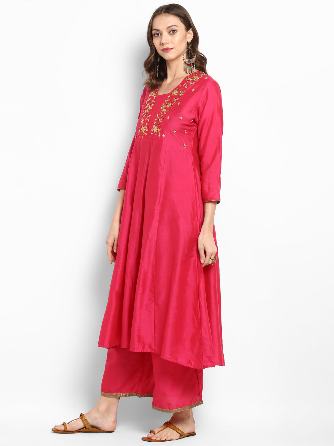 Women's Fuchsia Pink Yoke Design Kurta With Palazzos - Bhama Couture