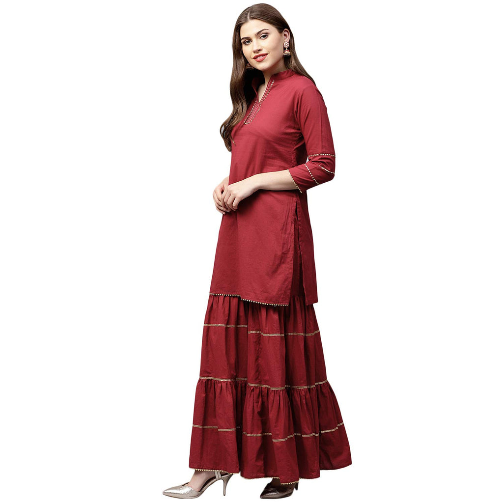 Women's Maroon Solid Kurta With Maroon Sharara