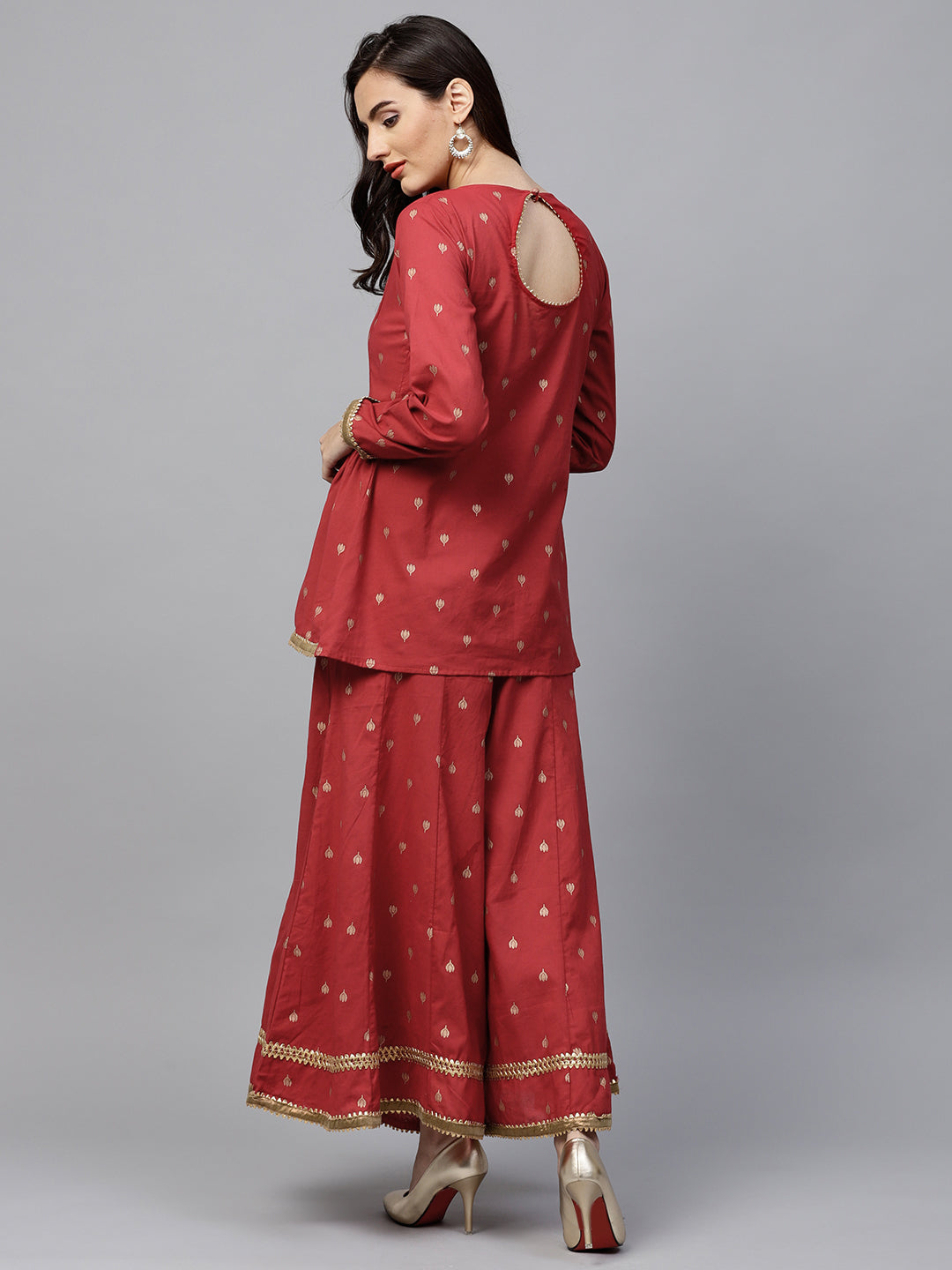 Women's Red And Golden Printed Kurta With Palazzos - Bhama Couture