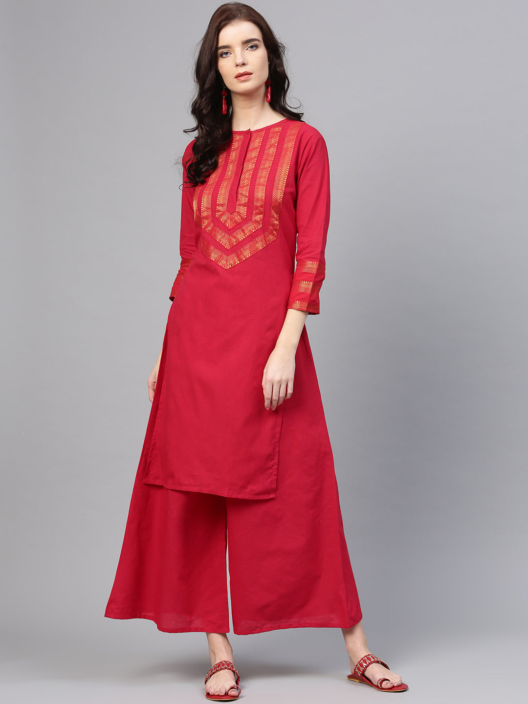 Women's Red Self Design Kurta With Palazzos - Bhama Couture
