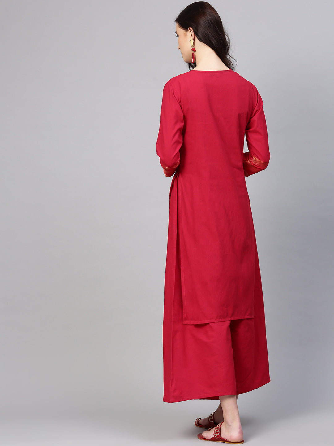 Women's Red Self Design Kurta With Palazzos - Bhama Couture