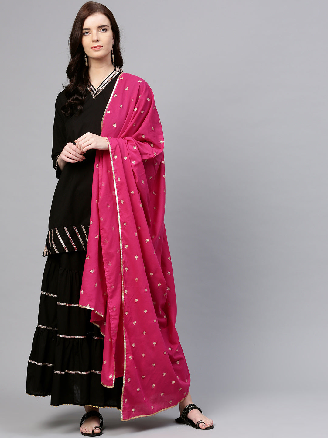 Women's Black And Pink Solid Kurta With Sharara And Dupatta - Bhama Couture