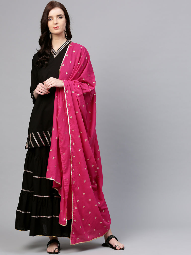 Women's Black And Pink Solid Kurta With Sharara And Dupatta
