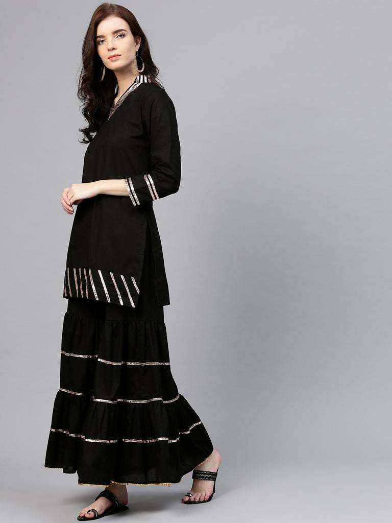 Women's Black And Pink Solid Kurta With Sharara And Dupatta