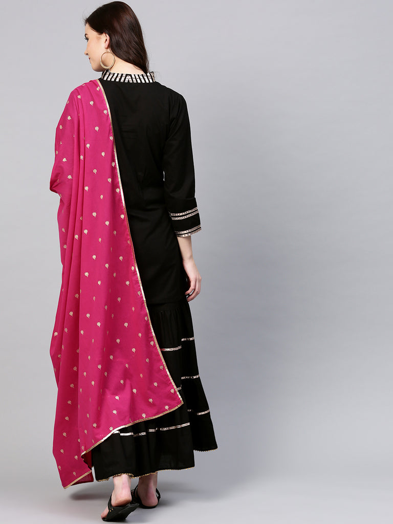 Women's Black And Pink Solid Kurta With Sharara And Dupatta