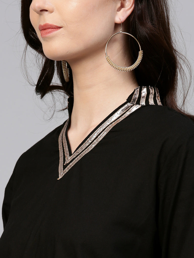 Women's Black And Pink Solid Kurta With Sharara And Dupatta