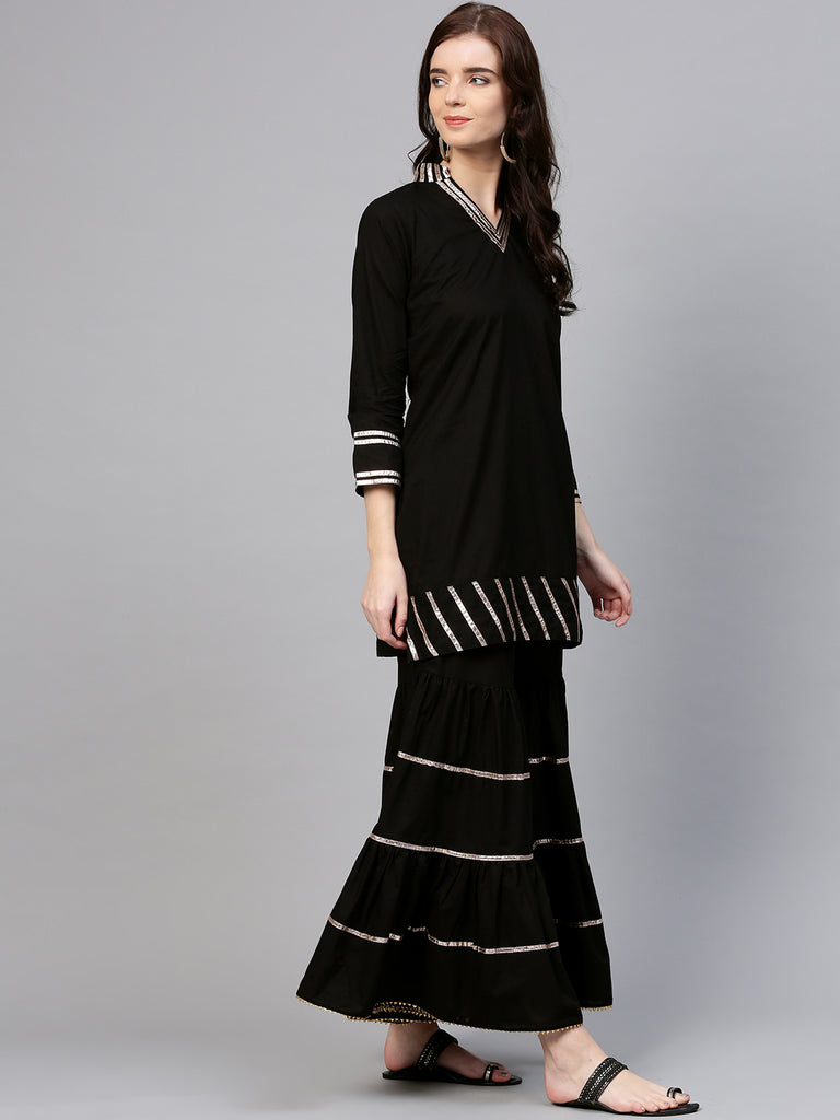 Women's Black And Pink Solid Kurta With Sharara And Dupatta